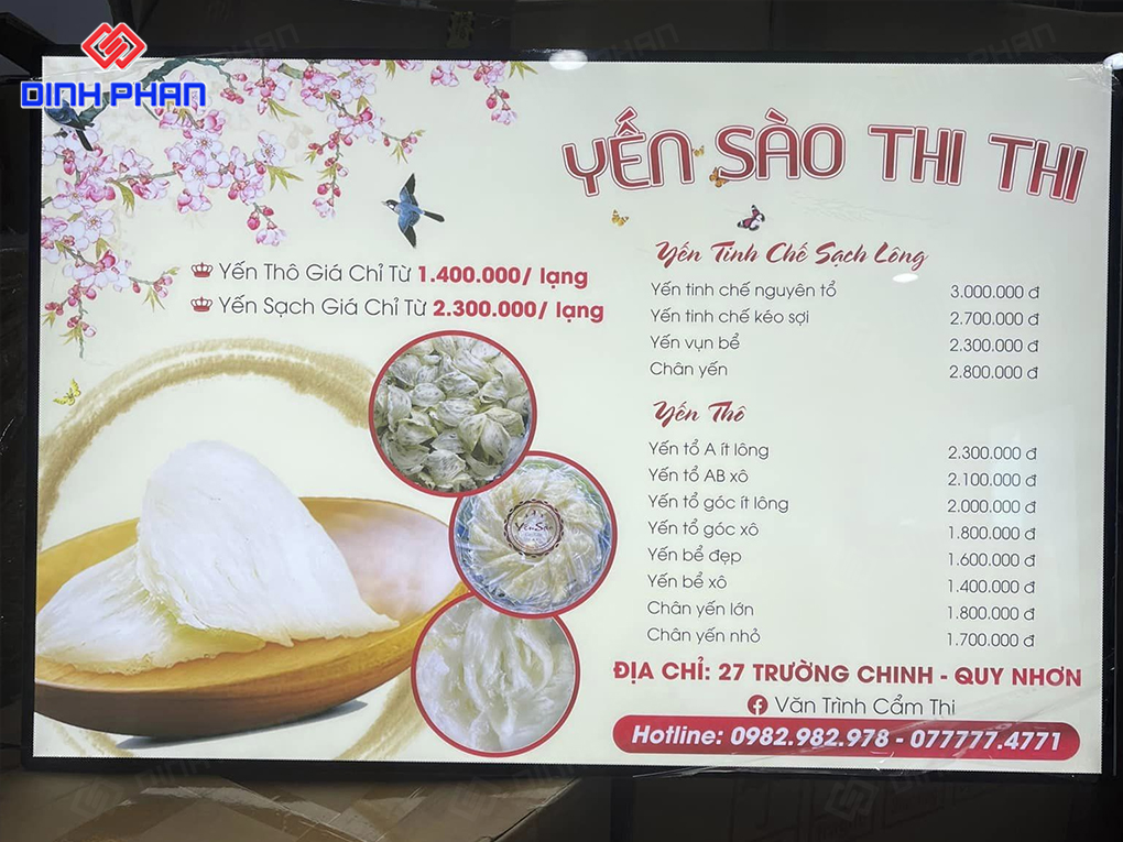 hộp đèn siêu mỏng menu yến sào