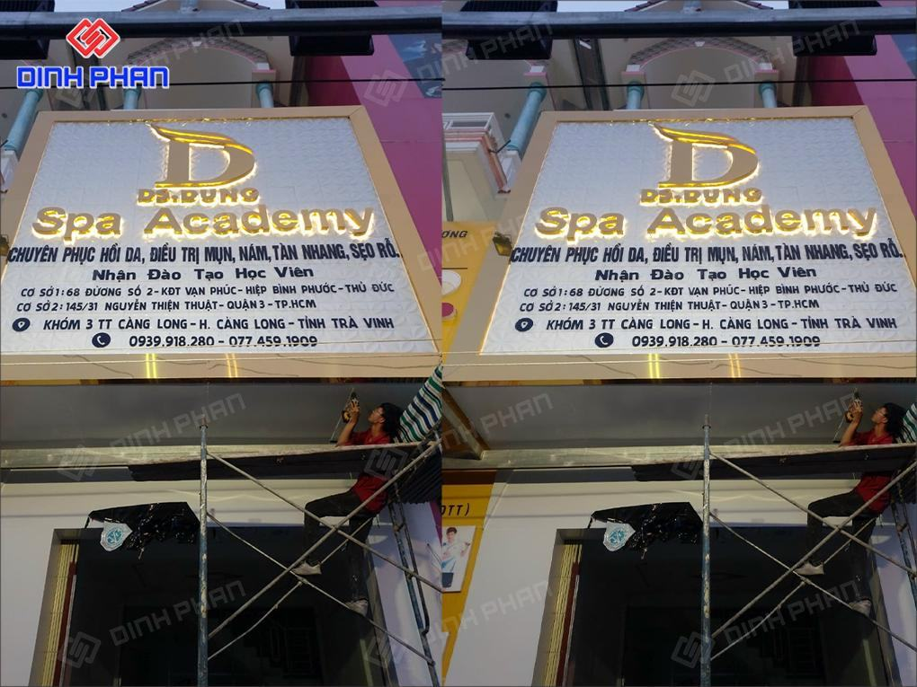Bảng hiệu spa/academy kết hợp nền sáng và chữ nổi màu vàng