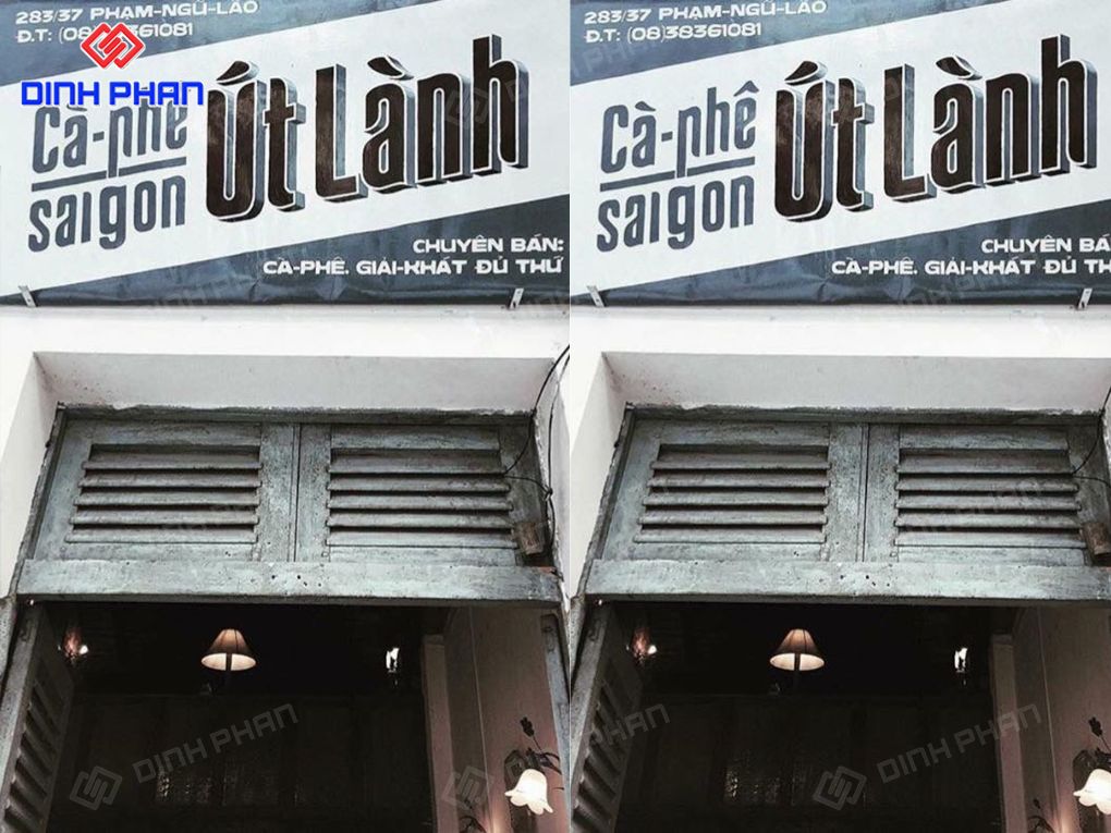 Bảng hiệu Cà Phê Út Lành phối màu trắng đen cổ kính.