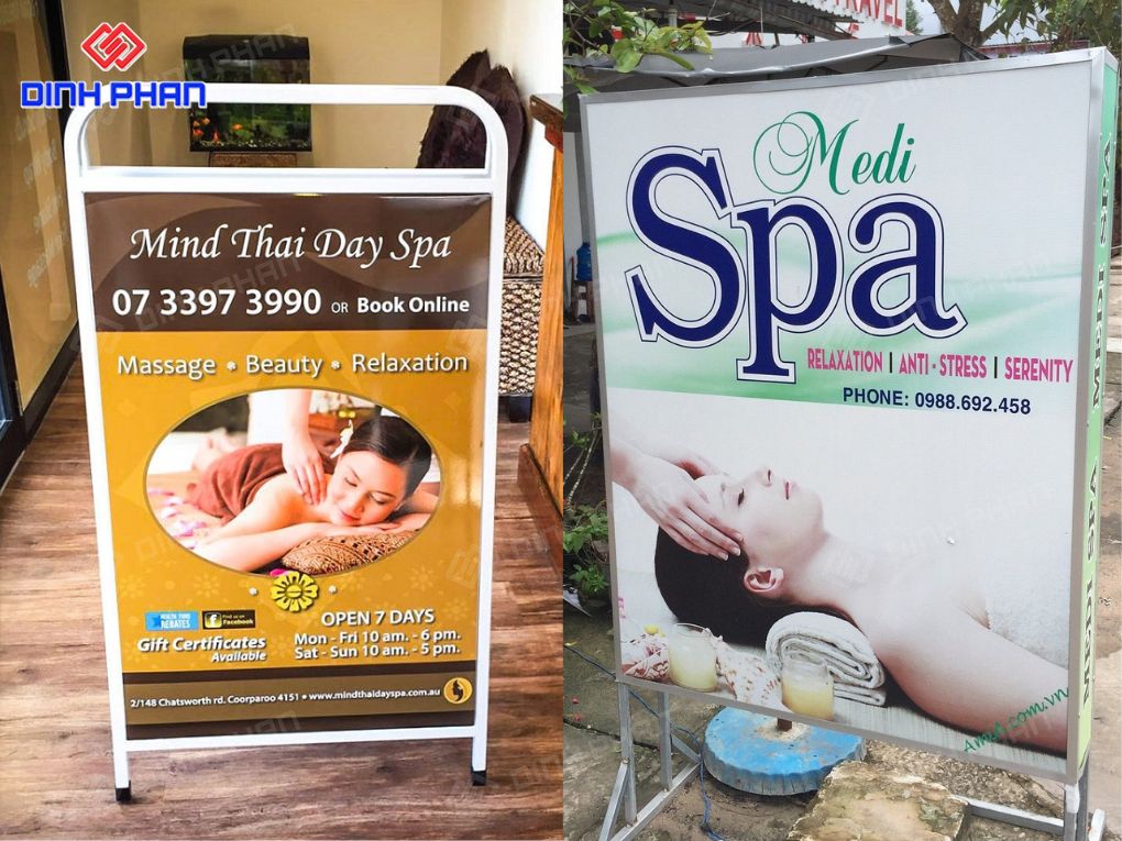 Mẫu bảng hiệu đứng chân sắt nhỏ gọn cho cửa hàng spa.