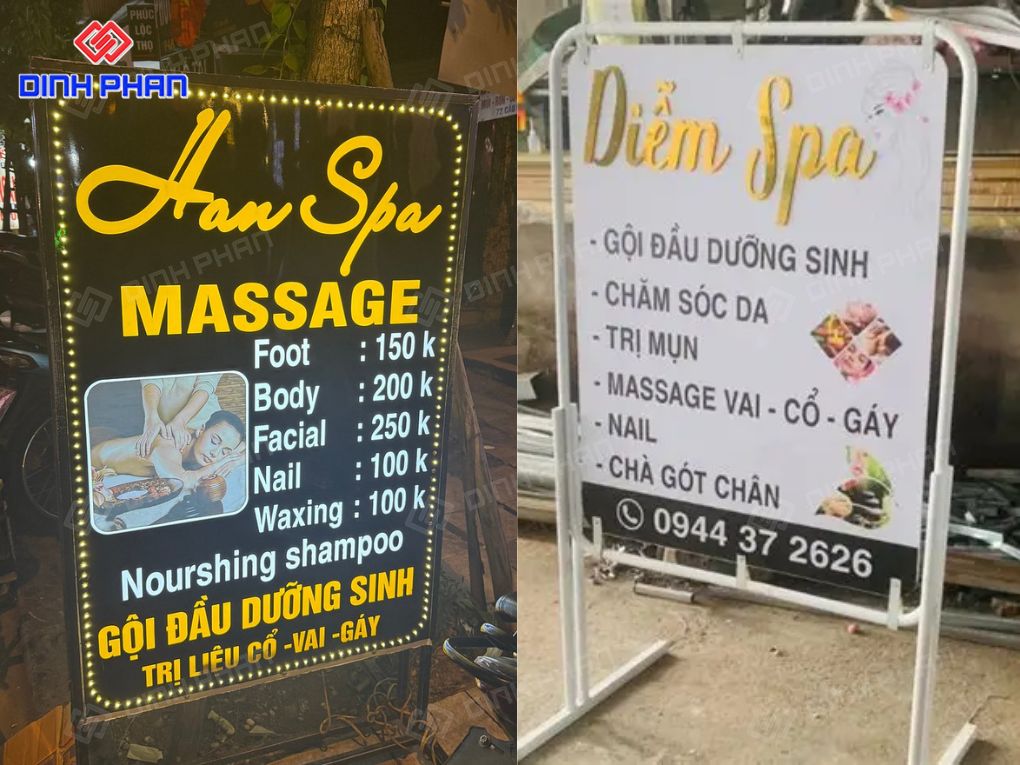 Biển hiệu spa đứng hiển thị bảng giá và dịch vụ chi tiết.