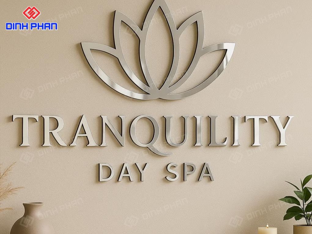 Backdrop spa chữ nổi inox xước bạc trên nền kem
