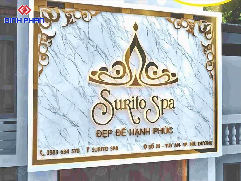 Bảng hiệu đứng spa mặt đá hoa văn chữ nổi inox