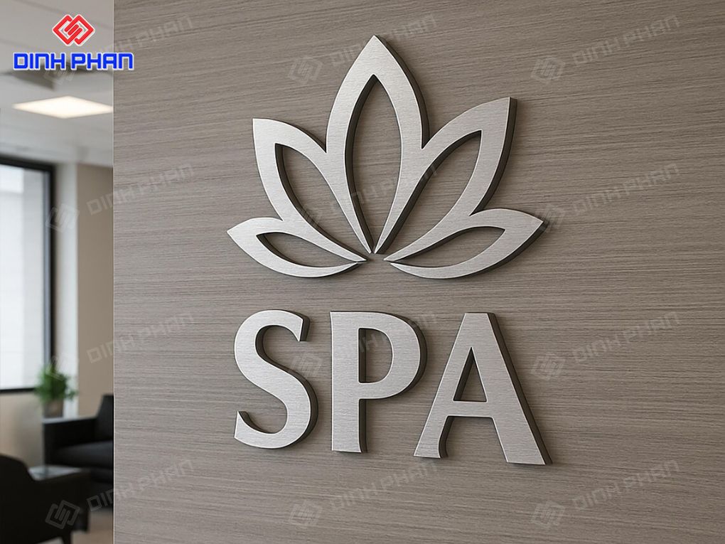 Logo spa chữ nổi inox mạ bạc trên nền gỗ