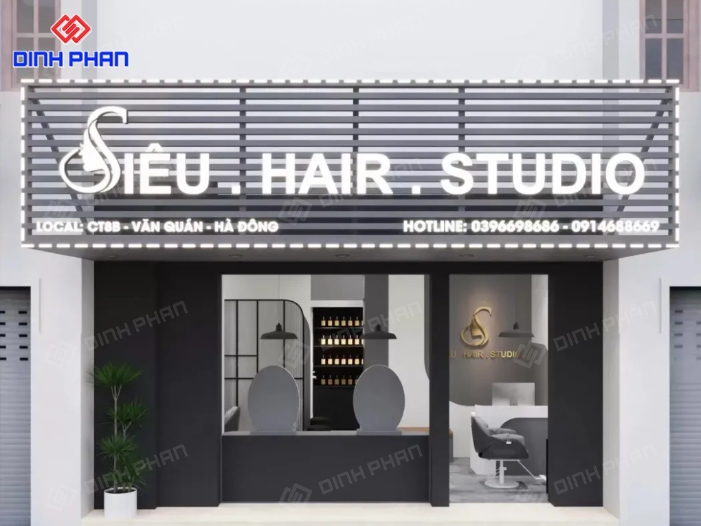 Bảng hiệu thanh lợp Siêu Hair Studio sang trọng.