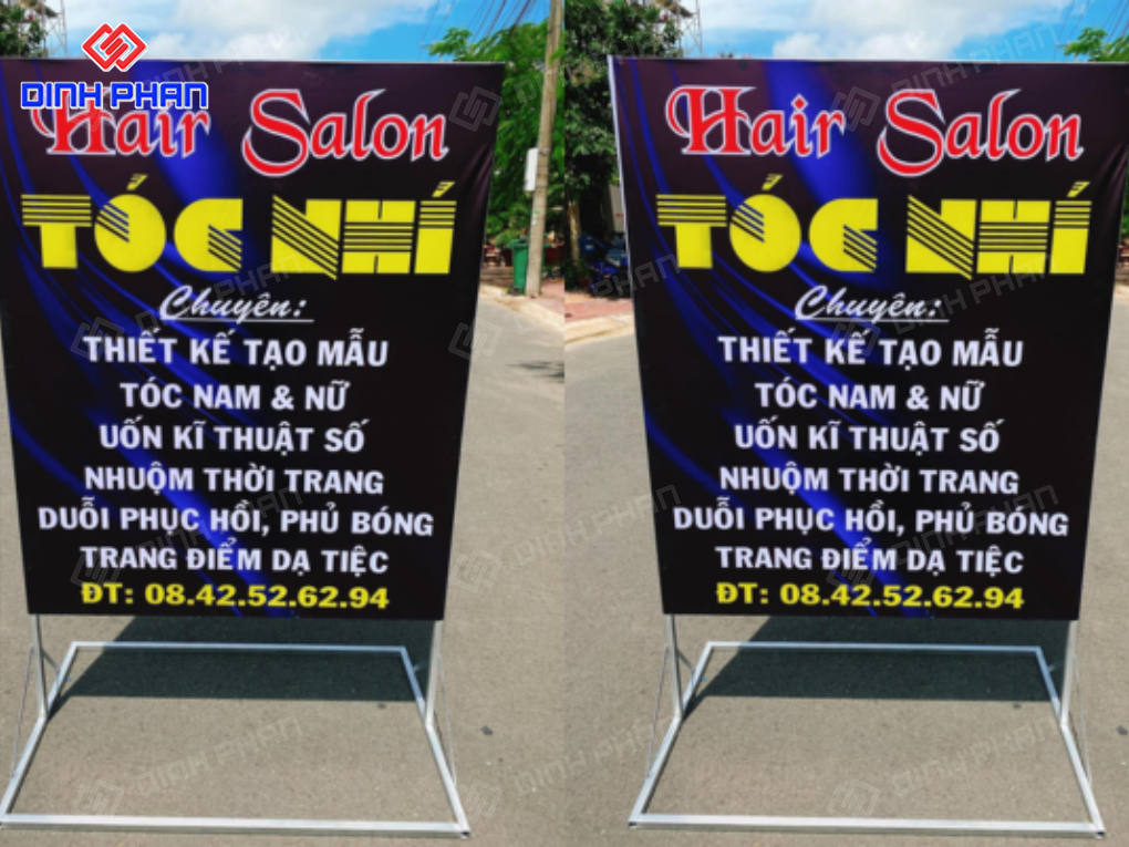 Bảng hiệu đứng khung sắt bạt Hair Salon Tóc Nhí.