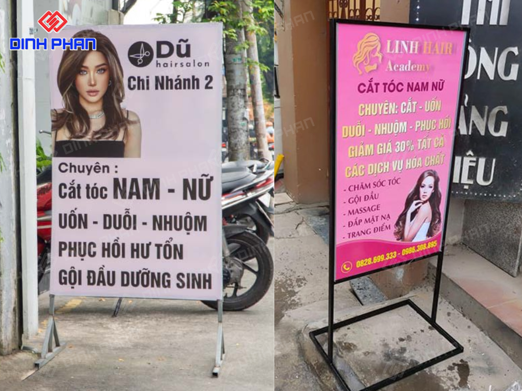 Biển đứng quảng cáo dịch vụ cắt tóc nam nữ.