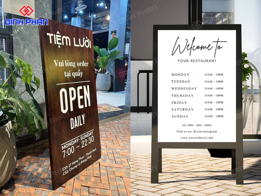 Mẫu biển đứng bằng gỗ phong cách tối giản cho quán.