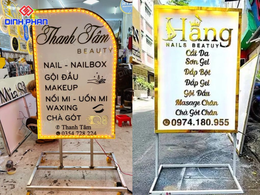 Bảng hiệu đứng có đèn led chiếu sáng tiệm nail.