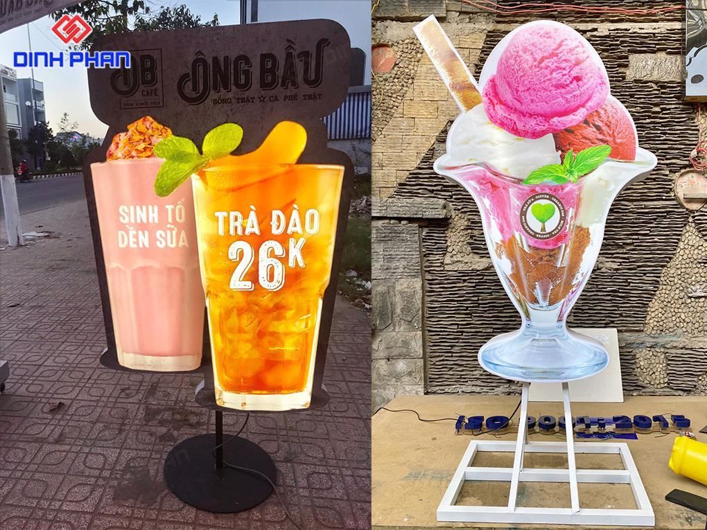 Standee mô hình ly trà đào và kem bắt mắt.