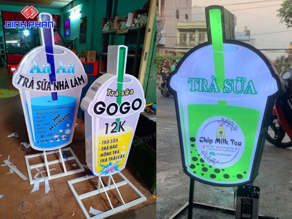 Biển đứng mô hình ly trà sữa 3D phát sáng.