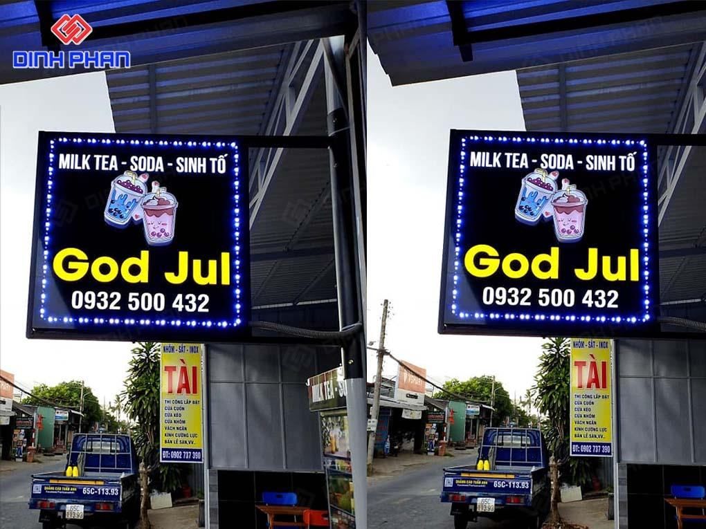 Biển hiệu vẫy viền LED quán God Jul Milk Tea.
