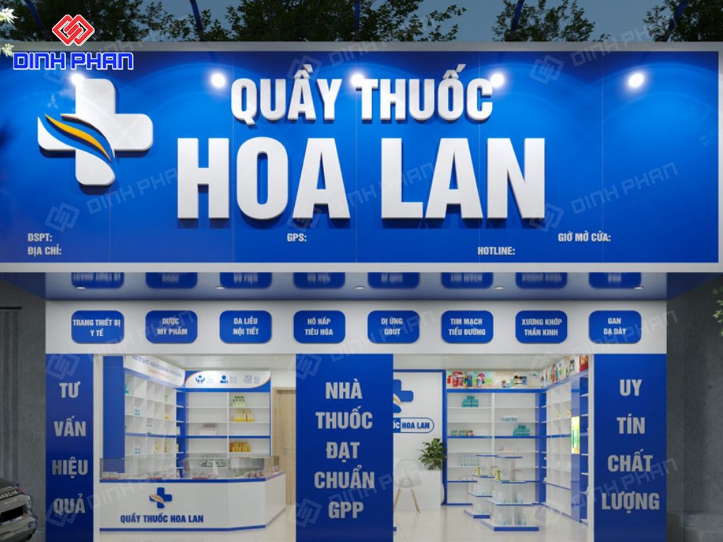 Thiết kế bảng hiệu quầy thuốc Hoa Lan màu xanh dương.
