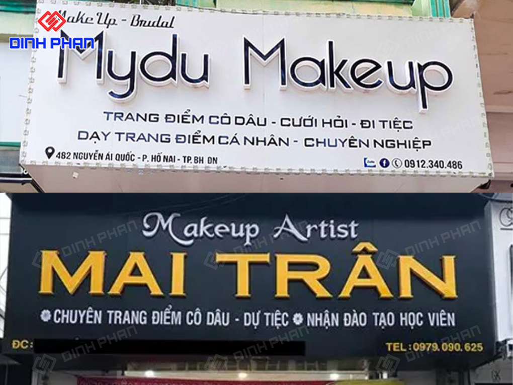 Bảng hiệu Mydu Makeup và Mai Trần nền trắng đen nổi bật.