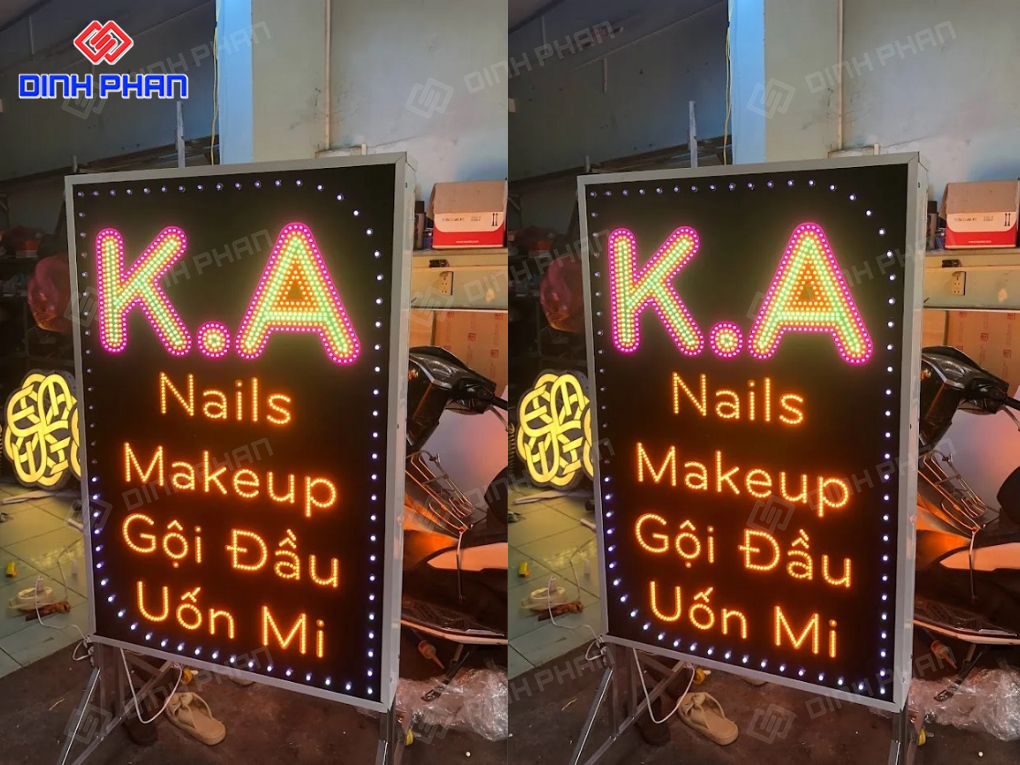 Bảng hiệu đèn LED K.A Nails Makeup rực rỡ.